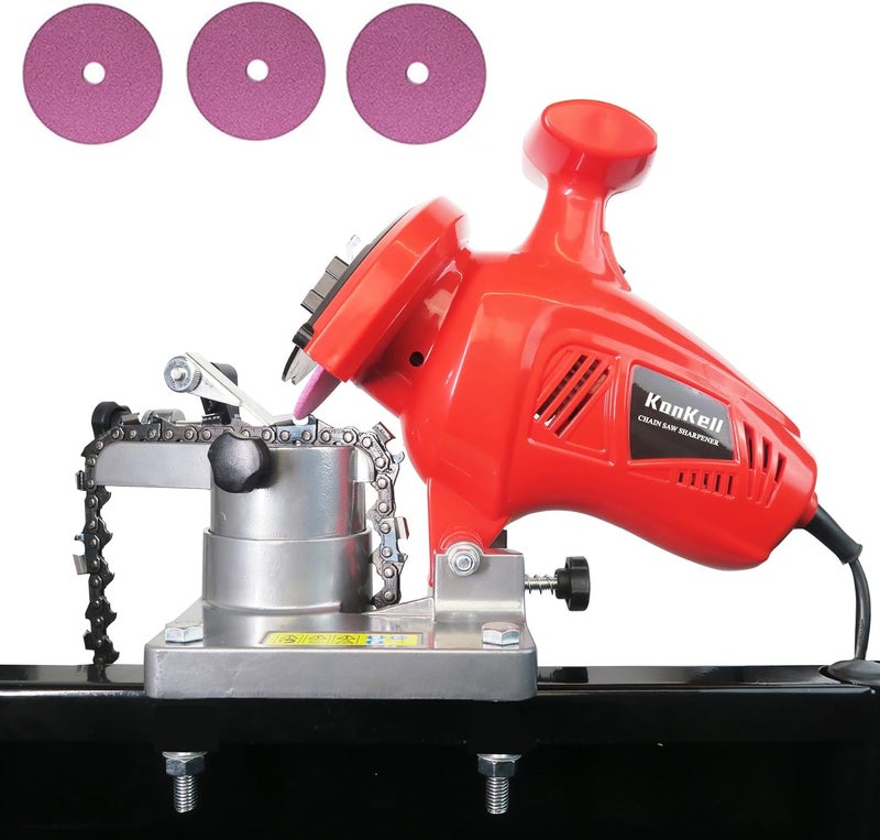 KonKell Electric Chainsaw Sharpener, 250W High-Speed Chain Grinder with Adjustable Angle, Heavy-Duty, Mountable, Red Sharpener for Chains from 1/4'' to 3/8'' Pitch - Image 1